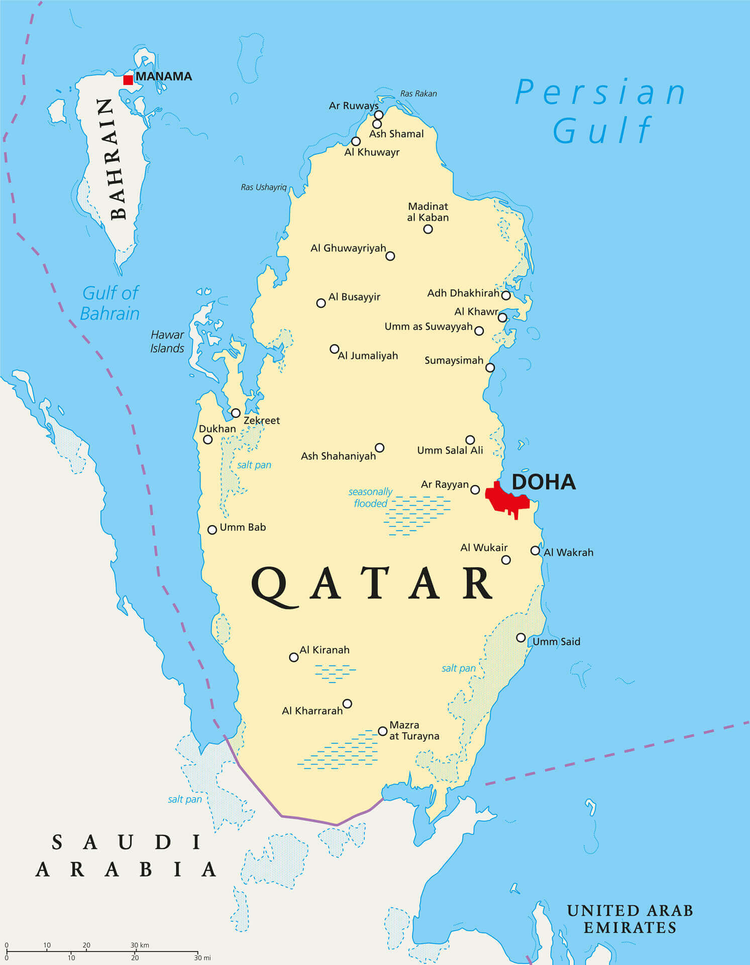 Politische Karte von Katar mit Hauptstadt Doha